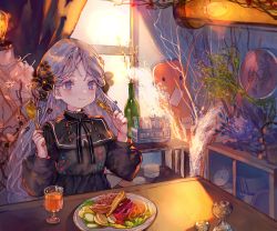 Rule 34 | 1girl, :t, black dress, blush, bottle, cha goma, closed mouth, commentary request, curtains, dress, eating, food, fork, grey eyes, grey hair, highres, holding, holding fork, holding spoon, indoors, long hair, long sleeves, original, plate, puffy long sleeves, puffy sleeves, solo, spoon, table, very long hair, window