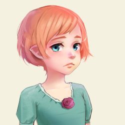 Rule 34 | 1girl, aqua shirt, blue eyes, child, ciov, commentary, elf, eyebrows, eyelashes, flower, frown, grey background, highres, lips, looking at viewer, nose, original, pointy ears, red hair, red rose, rose, shirt, short hair, short sleeves, simple background, sketch, solo, upper body