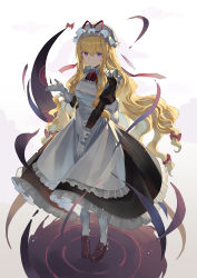 Rule 34 | 1girl, alternate costume, apron, black dress, blonde hair, bow, brown footwear, collared dress, commentary, dress, enmaided, falken (yutozin), floating hair, frilled dress, frilled gloves, frills, full body, gap (touhou), gloves, hair between eyes, hair bow, hat, highres, juliet sleeves, loafers, long dress, long hair, long sleeves, low-tied long hair, maid, maid apron, mob cap, pantyhose, puffy sleeves, purple eyes, red bow, ripples, shoes, solo, standing, touhou, very long hair, white background, white gloves, white hat, white pantyhose, yakumo yukari