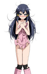 Rule 34 | 1girl, bare arms, bare shoulders, black eyes, black hair, black socks, blush, boots, breasts, covering breasts, covering privates, creatures (company), crying, crying with eyes open, dawn (pokemon), dress, game freak, hair ornament, kneehighs, long hair, looking at viewer, medium breasts, messy hair, nintendo, no panties, pink dress, pink footwear, pokemon, pokemon dppt, see-through, simple background, socks, solo, sweatdrop, tears, torn clothes, torn dress, torn legwear, torn socks, tsukishiro saika, white background