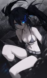 Rule 34 | 1girl, absurdres, bare shoulders, belt, bikini, bikini top only, black bikini, black footwear, black hair, black jacket, black rock shooter, black rock shooter (character), black shorts, blue eyes, blurry, blurry foreground, boots, breasts, chain, closed mouth, cross, double-parted bangs, feet out of frame, flaming eye, floating hair, front-tie bikini top, front-tie top, gnns, hair between eyes, hair ornament, halo, highres, jacket, long hair, looking at viewer, medium breasts, midriff, off shoulder, open clothes, open jacket, pale skin, scar, short shorts, shorts, sitting, solo, swimsuit, tombstone, twintails, white belt