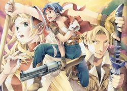 Rule 34 | 1girl, 2boys, angry, bandages, belt, blonde hair, blue hair, boots, brown eyes, cecilia lynne adelhyde, coat, cowboy boots, denim, full body, gloves, green eyes, gun, headband, jack van burace, jeans, jewelry, kneeling, long hair, multiple boys, official art, ooba wakako, open mouth, pants, rody roughnight, scan, scan artifacts, smile, sword, vest, wand, weapon, wild arms, wild arms 1