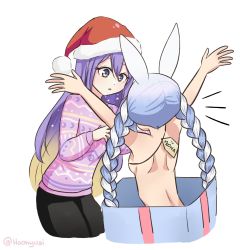 Rule 34 | 2girls, alternate costume, animal ears, arms up, backboob, black pants, blonde hair, blue hair, box, braid, breasts, casual, cropped legs, eyelashes, from behind, gift, gift tag, gradient hair, hat, highres, hololive, hololive indonesia, hoonyusi, in box, in container, long hair, moona hoshinova, multicolored hair, multiple girls, nude, opening, pants, purple eyes, purple hair, rabbit ears, rabbit girl, santa hat, simple background, starry hair, surprised, sweater, twin braids, twintails, twitter username, two-tone hair, usada pekora, very long hair, virtual youtuber, white background, yuri