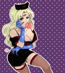 Rule 34 | 1girl, blonde hair, blowing bubbles, breasts, candy, chewing gum, cleavage, dress, food, garter straps, gloves, hat, highres, holding, holding candy, holding food, holding lollipop, large breasts, lollipop, long hair, looking at viewer, njmkmaki, nurse, nurse cap, opera vectra, polka dot, polka dot background, rubber gloves, solo, star ocean, star ocean the second story, thighhighs, third eye
