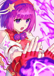 Rule 34 | 1girl, asamiya athena, fingerless gloves, gloves, highres, pink background, purple eyes, purple hair, simple background, snk, the king of fighters, the king of fighters xv, yagi2013