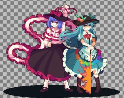 Rule 34 | 2girls, arm up, black footwear, black headwear, black skirt, blue hair, blue skirt, bow, bowtie, brown footwear, capelet, checkered background, closed mouth, commentary, food, frilled skirt, frills, fruit, full body, grey background, hand on own hip, hands on hilt, hat, hat bow, hinanawi tenshi, index finger raised, kaaaarin, leaf, long hair, looking at viewer, multiple girls, nagae iku, orange eyes, peach, pink capelet, pink shirt, pixel art, purple hair, rainbow order, red bow, red bowtie, shawl, shirt, short hair, short sleeves, skirt, socks, standing, sword of hisou, touhou, white shirt, white socks