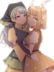 Rule 34 | 2girls, apron, artist name, blonde hair, blouse, blunt bangs, breasts, closed mouth, commentary request, cowboy shot, double bun, dress, fingernails, flat chest, flower, frown, green headwear, grey hair, hair bun, hair ribbon, hair scarf, hand on another&#039;s arm, hand on another&#039;s hip, haniyasushin keiki, highres, jewelry, joutouguu mayumi, juliet sleeves, long hair, long sleeves, looking at viewer, looking back, magatama, magatama necklace, multiple girls, necklace, nupeya, pink eyes, pocket, puffy short sleeves, puffy sleeves, ribbon, shirt, short hair, short sleeves, sidelocks, simple background, skirt, small breasts, smile, touhou, v-shaped eyebrows, vambraces, white background, white ribbon, yellow dress, yellow eyes, yellow shirt, yellow skirt, yuri