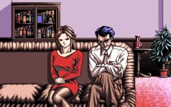 Rule 34 | 1990s (style), 1boy, 1girl, blue hair, breasts, brown hair, brown pants, cabinet, character request, collared shirt, couch, crossed arms, crossed legs, diagonal-striped neckwear, dithering, dress, facing viewer, feet out of frame, game cg, glasses, indoors, interheart, legs together, long hair, looking at viewer, lowres, medium breasts, necktie, on couch, pants, pc98, pixel art, red dress, reijou monogatari, retro artstyle, serious, shirt, short dress, short hair, sitting, striped neckwear, tagme, white shirt