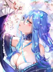 Rule 34 | 1girl, artist name, bare shoulders, blue eyes, blue hair, breasts, character request, cleavage, collarbone, commentary, criss-cross halter, english commentary, from side, hair between eyes, halterneck, highres, large breasts, long hair, looking up, original, parted lips, ringeko-chan, solo