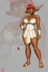 Rule 34 | 1girl, armor, armored dress, blonde hair, breasts, cleavage, closed mouth, commentary, commission, cow horns, cow tail, dark-skinned female, dark skin, dress, english commentary, hand on own hip, highres, horns, large breasts, lipstick, looking at viewer, lvl (sentrythe2310), makeup, original, red hair, sandals, short dress, short hair, signature, smile, solo, tail, vambraces, white dress, yellow eyes, yellow lips, zoom layer