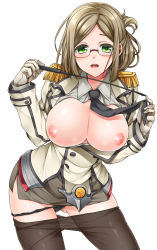 Rule 34 | 10s, 1girl, black pantyhose, blush, breasts, breasts out, brown hair, clothes pull, contrapposto, epaulettes, female focus, folded ponytail, glasses, gloves, green eyes, highres, kantai collection, katori (kancolle), large breasts, looking at viewer, military, military uniform, miniskirt, necktie, nipples, open mouth, panties, panty pull, pantyhose, pantyhose pull, riding crop, short hair, simple background, skirt, smile, solo, takatsuki ichi, underwear, uniform, white background, white gloves