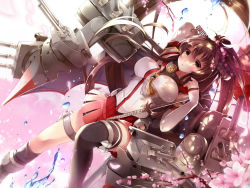 Rule 34 | 10s, 1girl, breasts, brown eyes, brown hair, cherry blossoms, flower, hair flower, hair ornament, kantai collection, large breasts, long hair, looking at viewer, miniskirt, ninjinshiru, oil-paper umbrella, personification, ponytail, single thighhigh, skirt, solo, thighhighs, umbrella, water, yamato (kancolle)