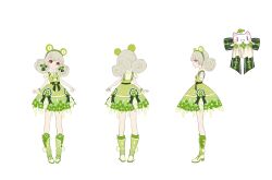 Rule 34 | 1girl, :d, absurdres, bare arms, bcy, boots, bow, character sheet, clover hair ornament, clover print, collared shirt, dress, dress bow, flower bracelet, frog hair ornament, full body, green bow, green dress, green footwear, grey hair, hair ornament, highres, huhu, knee boots, low twintails, multiple views, open mouth, overall skirt, red eyes, ruan miemie, rubber boots, shirt, short dress, short sleeves, smile, standing, turnaround, twintails, white background, white shirt, xialuo yingling