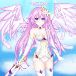 Rule 34 | 1girl, absurdres, bare shoulders, blue eyes, blue sky, breasts, cleavage, cloud, cosplay, day, elbow gloves, feathers, flower, four goddesses online: cyber dimension neptune, gloves, hair flower, hair ornament, halo, highres, holding, holding sword, holding weapon, jewelry, long hair, looking at viewer, medium breasts, nepgear, neptune (series), power symbol, power symbol-shaped pupils, purple hair, purple heart (neptunia), purple heart (neptunia) (cosplay), purple sister, sky, smile, solo, sword, symbol-shaped pupils, thighhighs, very long hair, weapon, white gloves, white thighhighs, wings