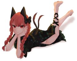 Rule 34 | 1girl, animal ears, aoringo orin, ass, bare legs, barefoot, black bow, blunt bangs, bow, braid, cat ears, dress, expressionless, full body, green dress, hair bow, hands on own cheeks, hands on own face, highres, kaenbyou rin, legs up, long hair, looking at viewer, lying, on stomach, red eyes, red hair, simple background, solo, touhou, twin braids, white background