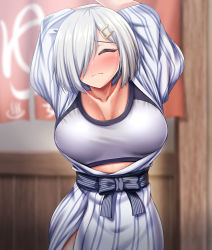 Rule 34 | 1girl, absurdres, arms up, bath yukata, blurry, blurry background, blush, bra, breasts, cleavage, closed eyes, closed mouth, collarbone, commission, depth of field, facing viewer, hair ornament, hair over one eye, hairclip, hamakaze (kancolle), highres, indoors, japanese clothes, kantai collection, kimono, large breasts, open clothes, pixiv commission, short hair, silver hair, skirt, solo, sports bra, striped clothes, striped skirt, underwear, yukata, zanntetu