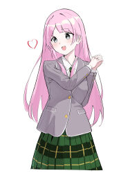 Rule 34 | 1girl, absurdres, bang dream!, bang dream! it&#039;s mygo!!!!!, chihaya anon, collared shirt, cowboy shot, cropped legs, demonwarlock, fang, green necktie, green skirt, grey eyes, grey jacket, haneoka school uniform, heart, highres, jacket, long hair, long sleeves, necktie, open mouth, own hands clasped, own hands together, pink hair, plaid, plaid skirt, pleated skirt, school uniform, shirt, simple background, skirt, solo, teeth, upper teeth only, white background, white shirt