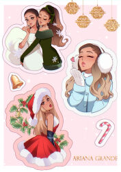Rule 34 | 1girl, absurdres, animification, ariana grande, bell, black gloves, blonde hair, blowing kiss, blue jacket, blush, border, brown eyes, brown hair, candy, candy cane, character name, christmas, closed eyes, cosplay, dress, dual persona, earmuffs, facing up, food, fur-trimmed dress, fur-trimmed headwear, fur trim, gloves, gradient hair, green dress, head tilt, highres, holly, hug, jacket, looking at viewer, mariah carey, mariah carey (cosplay), multicolored hair, multiple views, off-shoulder dress, off shoulder, parted lips, pink background, pirorin21century, real life, red dress, red headwear, red lips, santa dress, shaft look, white border, white dress, white gloves