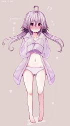 Rule 34 | !?, 1girl, 2018, :&lt;, ahoge, bare legs, barefoot, blush, character name, closed mouth, collarbone, dated, flying sweatdrops, gluteal fold, hachikuji, hair between eyes, heart, highres, hood, hooded jacket, jacket, legs apart, long sleeves, low twintails, navel, nose blush, open clothes, open jacket, panties, purple eyes, purple hair, purple jacket, purple panties, sleeves past fingers, sleeves past wrists, solo, standing, twintails, underwear, vocaloid, voiceroid, yuzuki yukari