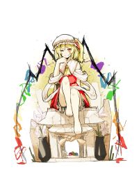 Rule 34 | 1girl, ascot, barefoot, blonde hair, closed mouth, feet, female focus, flandre scarlet, full body, hat, hat ribbon, legs, looking at viewer, mob cap, red eyes, ribbon, side ponytail, sign (jojo1408), sign (pixiv9346582), sitting, sleeveless, smile, solo, toes, touhou, transparent background, uneven eyes