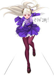Rule 34 | 1girl, absurdres, albino, capcom fighting jam, commentary request, gloves, hairpods, highres, ingrid (capcom), jacket, long sleeves, mary janes, open mouth, pantyhose, purple jacket, purple ribbon, purple skirt, red eyes, ribbon, shoes, skirt, solo, tetsu (kimuchi), translation request, underskirt, white gloves, white hair