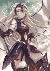 Rule 34 | 1girl, ahoge, animal, armor, armored dress, banner, bird, black armor, black dress, black gloves, black thighhighs, breasts, chain, cleavage, clothing cutout, colored skin, dress, elbow gloves, fate/grand order, fate (series), floating hair, fur-trimmed gloves, fur-trimmed legwear, fur trim, gloves, grin, headpiece, holding, jeanne d&#039;arc (fate), jeanne d&#039;arc alter (avenger) (fate), jeanne d&#039;arc alter (avenger) (third ascension) (fate), jeanne d&#039;arc alter (fate), long hair, looking at viewer, medium breasts, miyakure, navel, navel cutout, orange eyes, silver hair, smile, solo, straight hair, thighhighs, very long hair, white skin