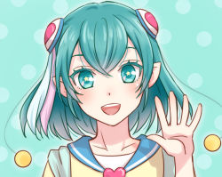 Rule 34 | 1girl, :d, blue background, blue eyes, blue hair, blue sailor collar, collarbone, hagoromo lala, hair ornament, streaked hair, lens flare, looking at viewer, multicolored hair, open mouth, pointy ears, portrait, precure, sailor collar, shirt, short hair, smile, solo, star-shaped pupils, star (symbol), star twinkle precure, symbol-shaped pupils, umetofu, waving, yellow shirt