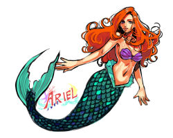 Rule 34 | 1girl, ariel (disney), breasts, character name, disney, long hair, mermaid, monster girl, navel, okada (hoooojicha), red hair, shell, shell bikini, sideboob, solo, the little mermaid