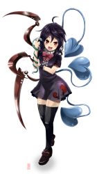 Rule 34 | 1girl, ahoge, alternate wings, asymmetrical wings, black hair, black thighhighs, blush, bow, female focus, frills, heart, highres, houjuu nue, iyoda mato, miniskirt, open mouth, red eyes, short hair, short sleeves, simple background, skirt, snake, solo, thighhighs, touhou, wings, wrist cuffs, zettai ryouiki