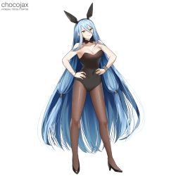 Rule 34 | 1girl, alternate costume, animal ears, artist name, azura (fire emblem), bare shoulders, black bow, black bowtie, black footwear, black leotard, blue hair, bow, bowtie, breasts, brown pantyhose, chocojax, cleavage, closed mouth, collarbone, commentary request, covered navel, fake animal ears, fire emblem, fire emblem fates, hair between eyes, hand on own hip, high heels, highres, leotard, long hair, looking at viewer, medium breasts, navel, nintendo, pantyhose, playboy bunny, rabbit ears, signature, simple background, smile, solo, very long hair, white background, wrist cuffs, yellow eyes