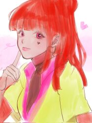 Rule 34 | 1girl, blunt bangs, earrings, gnosia, gnosia sinamon, heart, heart earrings, heart tattoo, high ponytail, highres, jewelry, long hair, long sleeves, looking at viewer, red hair, short hair, smile, solo, sq (gnosia), tattoo, upper body
