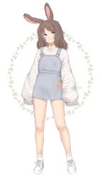 Rule 34 | 1girl, animal ears, blue eyes, blush, brown hair, closed mouth, full body, highres, long sleeves, looking at viewer, original, overalls, rabbit ears, rabbit girl, shirt, shoes, sleeves past wrists, smile, sneakers, socks, solo, striped clothes, striped shirt, susukitten, white footwear, white socks