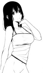 Rule 34 | 1girl, black eyes, black hair, blouse, bottomless, breasts, camisole, contrapposto, cowboy shot, greyscale, hair between eyes, highres, large breasts, long hair, looking at viewer, monochrome, navel, ogino jun, original, shirt, simple background, sleeveless, sleeveless shirt, smile, solo, white background