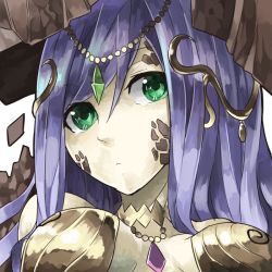 Rule 34 | 1girl, bad id, bad pixiv id, bare shoulders, breasts, circlet, cleavage, dirt, gaia (p&amp;d), gem, green eyes, hair ornament, jewelry, long hair, lots of jewelry, mosamune, necklace, purple hair, puzzle &amp; dragons, solo, upper body