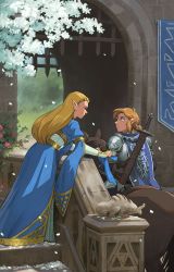 Rule 34 | 1boy, 1girl, absurdres, armor, blonde hair, blue cape, blue dress, blue eyes, braid, cape, commentary, dress, english commentary, fine art parody, flower, from side, gate, highres, horse, link, long hair, long sleeves, looking at another, malin falch, nintendo, outdoors, parody, pointy ears, princess zelda, shoulder armor, standing, sword, the legend of zelda, the legend of zelda: breath of the wild, tree, weapon, weapon on back, white flower