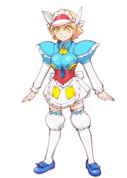 Rule 34 | 1girl, alternate costume, apron, breasts, character request, closed mouth, cosplay, enmaided, gundam, looking at viewer, maid, short hair, simple background, skirt, smile, solo, thighhighs, ueyama michirou, white background