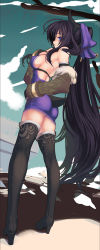 Rule 34 | 1girl, ass, back, black hair, blue eyes, boots, breasts, coffee cat, high heels, horns, large breasts, legs, long hair, long image, original, ponytail, purple eyes, shoes, sideboob, solo, tail, tall image, thigh boots, thighhighs, very long hair, zettai ryouiki