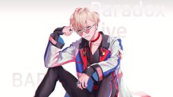 Rule 34 | 1boy, copyright name, ear piercing, glasses, highres, jacket, jewelry, long sleeves, looking at viewer, male focus, multicolored clothes, multicolored jacket, nyamnyam0502, pants, paradox live, piercing, pink hair, red eyes, ring, short hair, solo, sunglasses, white background, yeon hajun