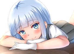 Rule 34 | 1girl, blue eyes, blue hair, blunt bangs, blush, closed mouth, gloves, hatsukaze (kancolle), kantai collection, leg up, long hair, looking at viewer, lying, piyobomu, school uniform, sidelocks, simple background, skirt, smile, solo, vest, white background, white gloves