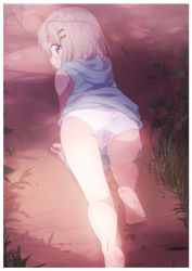 Rule 34 | 10s, 1girl, all fours, ass, bad id, bad pixiv id, bare legs, barefoot, brown hair, casual peeing, closed mouth, clothes lift, dress, dress lift, feet, female focus, from behind, grass, hair ornament, hairclip, happy peeing, hayyan, highres, hood, looking at viewer, looking back, no pants, outdoors, outside border, panties, pee, peeing, peeing self, purposeful wetting, smile, soles, solo, underwear, wet, wet clothes, wet panties, white panties, yama no susume, yukimura aoi