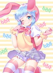 Rule 34 | 1girl, animal hat, backpack, bag, blue eyes, blue hair, blue skirt, blush, candy, closed mouth, gloves, hat, matching hair/eyes, minit&#039;s, outline, pink gloves, pleated skirt, pointing, pointing at self, pop&#039;n music, puffy short sleeves, puffy sleeves, rabbit hat, short sleeves, shouni (sato3), skirt, smile, solo, striped background, striped clothes, striped thighhighs, thighhighs, wrapped candy