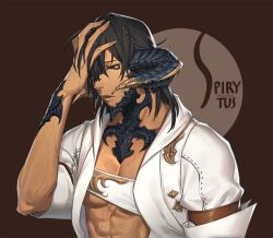 Rule 34 | 1boy, armband, au ra, black hair, black sclera, brown background, colored sclera, curled horns, dark skin, dragon horns, dripping, final fantasy, final fantasy xiv, fingernails, hair over one eye, hand in own hair, hand on own head, hand over eye, hand up, horns, korean commentary, leviejzn, looking at viewer, male focus, medium hair, mixed-language commentary, muscular, muscular male, one eye covered, open clothes, open shirt, pectorals, ribbon trim, scales, shirt, short hair, sleeve cuffs, solo, twitter username, upper body, warrior of light (ff14), water, wet, wet hair, white eyes, white shirt