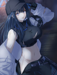 Rule 34 | 1girl, absurdres, arm up, armband, bare shoulders, baseball cap, belt, black belt, black gloves, black hair, black hat, black pants, black shirt, blue archive, blue eyes, breasts, buckle, chest harness, cleavage, coat, commentary, cowboy shot, crop top, cuts, gloves, groin, hakurai-is, halo, harness, hat, highres, holster, injury, knife, knife sheath, long hair, looking at viewer, medium breasts, navel, no mask, off shoulder, open mouth, pants, saori (blue archive), scratches, sheath, shirt, sleeveless, sleeveless shirt, snap-fit buckle, solo, standing, stomach, taut clothes, taut shirt, teeth, thigh holster, torn clothes, torn coat, torn pants, torn shirt, underbust, upper teeth only, white coat