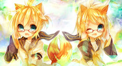 Rule 34 | 1boy, 1girl, animal ears, aqua eyes, bespectacled, blonde hair, brother and sister, detached sleeves, fang, fox ears, fox tail, glasses, hair ornament, hair ribbon, inaresi, intertwined tails, kagamine len, kagamine rin, kemonomimi mode, one eye closed, open mouth, ribbon, sailor collar, short hair, siblings, smile, tail, twins, vocaloid, wink