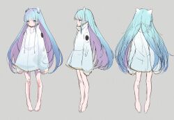 Rule 34 | 1girl, bandaid, bandaid on knee, bandaid on leg, barefoot, blue eyes, blue hair, character sheet, closed mouth, coat, drawstring, expressionless, facing away, from behind, from side, full body, gauze, grey background, hair ornament, high collar, indie virtual youtuber, long hair, long sleeves, mimelond, multiple views, official art, parted hair, profile, simple background, sleeves past wrists, somunia, standing, very long hair, virtual youtuber, white coat