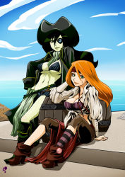 Rule 34 | 2girls, bare legs, boots, breasts, eyepatch, green hair, hat, kim possible (series), kim possible, large breasts, lychee soda, multiple girls, pale skin, pirate, scar, shego