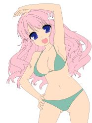 Rule 34 | 1girl, absurdres, baka to test to shoukanjuu, bikini, blue eyes, breasts, cleavage, groin, hair ornament, hairclip, highres, himeji mizuki, hip focus, large breasts, legs, long hair, looking at viewer, navel, open mouth, pink hair, smile, solo, standing, swimsuit, teeth, thighs, third-party edit, transparent background, vector trace