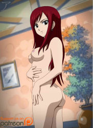 Rule 34 | 1girl, armpits, artist request, ass, back, barefoot, breasts, brown eyes, closed mouth, collarbone, completely nude, earrings, erza scarlet, eyelashes, fairy tail, feet, female focus, fingernails, from behind, hand on own stomach, hand on own thigh, happy, indoors, jewelry, large breasts, legs, legs together, long hair, looking at viewer, neck, nipples, nude, painting (object), patreon logo, patreon username, plant, seductive smile, shiny skin, side bangs, sideboob, sidelocks, smile, smug, standing, straight hair, takarafanarts, thighs, thighs together, turning head