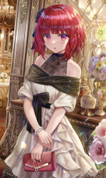 Rule 34 | 1girl, :o, arima kana, bare shoulders, blunt bangs, blush, bow, bowtie, bracelet, collarbone, dress, earrings, flower, frilled dress, frills, hair ribbon, highres, indoors, jewelry, looking at viewer, off-shoulder dress, off shoulder, oshi no ko, red hair, ribbon, short hair, solo, torino aqua