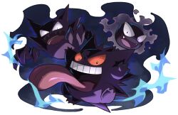 Rule 34 | :d, absurdres, black eyes, commentary request, creatures (company), evolutionary line, fangs, game freak, gastly, gen 1 pokemon, gengar, haunter, highres, looking at viewer, nintendo, no humans, open mouth, pokemon, pokemon (creature), poyo party, smile, tongue, tongue out